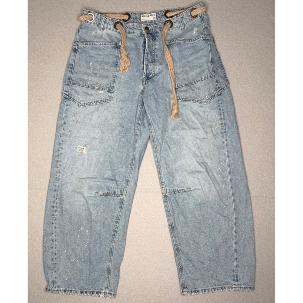 We The Free Free People Moxie Pull On Barrel Jeans Distressed Paint Women Sz 29